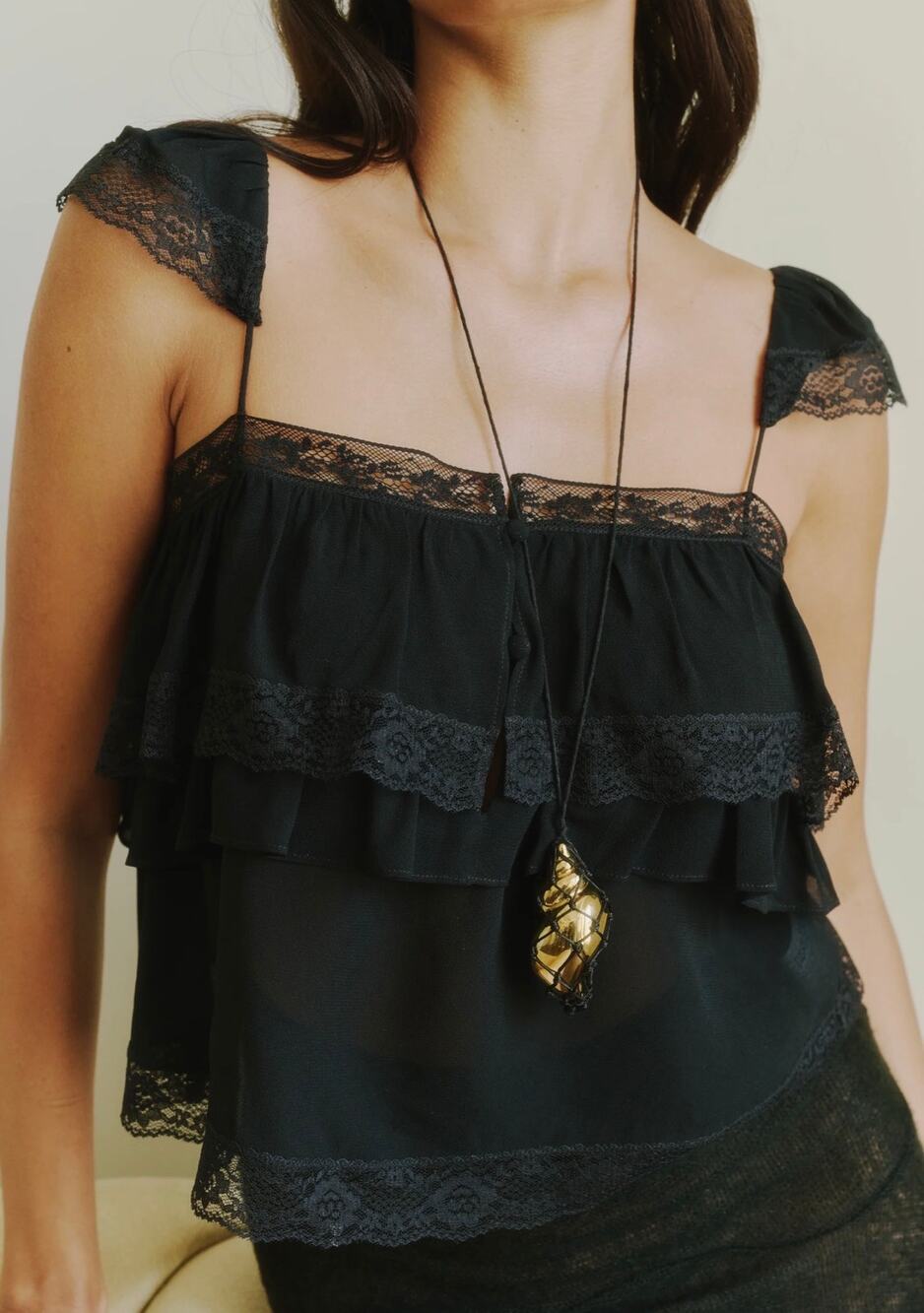 Sorella Kalithea Top Black Lace Ruffle Chiffon Blouse Size 4 Romantic Y2K